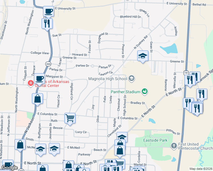 map of restaurants, bars, coffee shops, grocery stores, and more near 1310 Felix in Magnolia