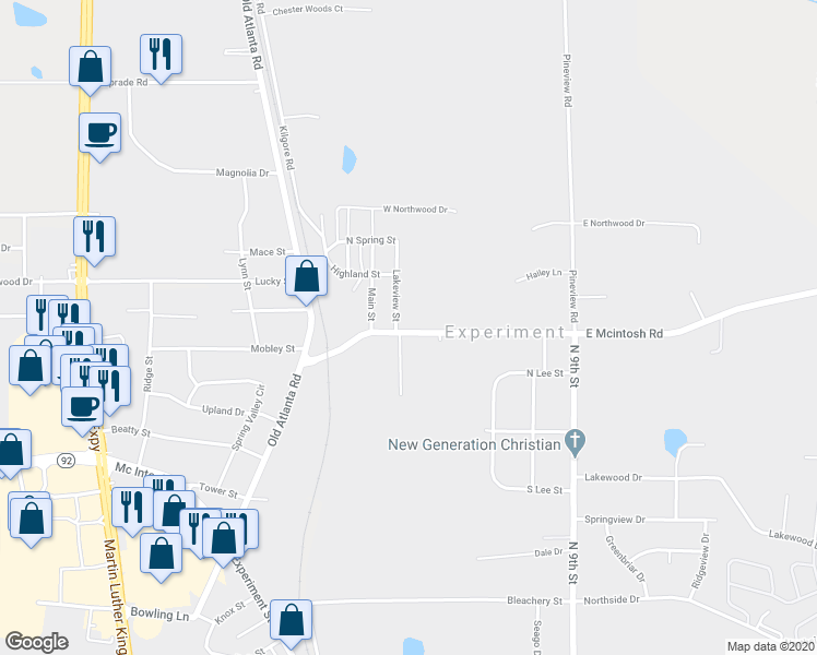 map of restaurants, bars, coffee shops, grocery stores, and more near 400 Lakeview Street in Griffin