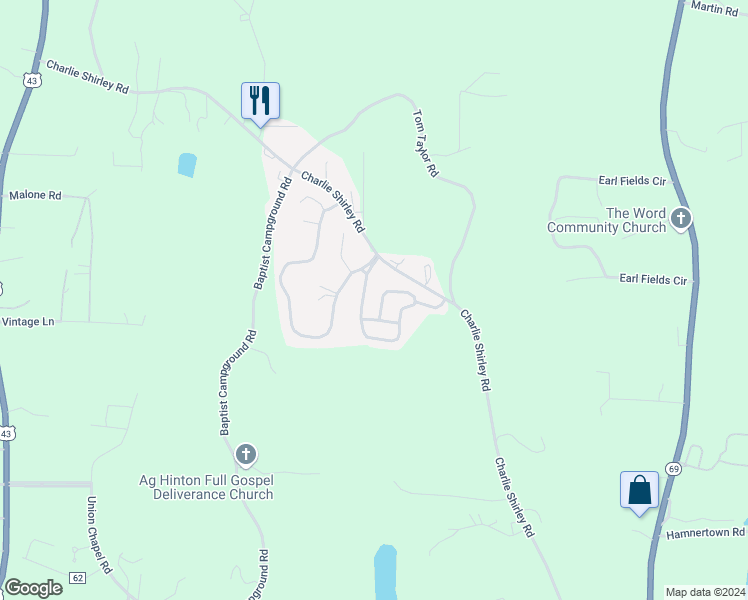 map of restaurants, bars, coffee shops, grocery stores, and more near 2704 Shady Bank Ln in Northport