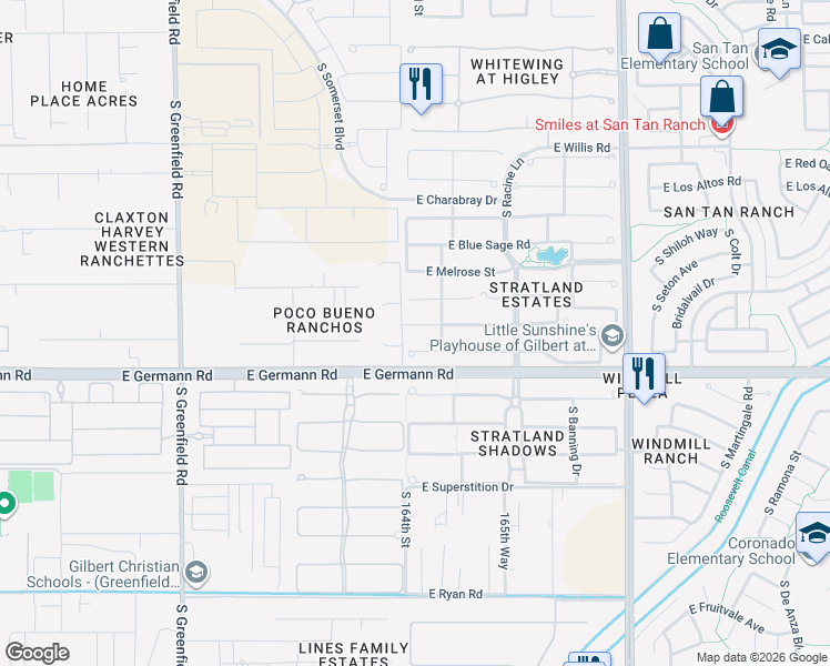 map of restaurants, bars, coffee shops, grocery stores, and more near 2815 East Trigger Way in Gilbert