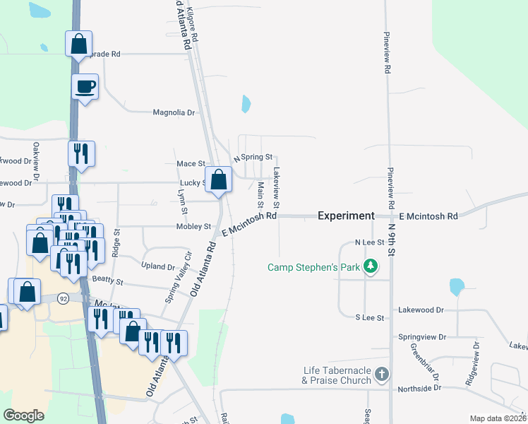 map of restaurants, bars, coffee shops, grocery stores, and more near 300 Main Street in Griffin