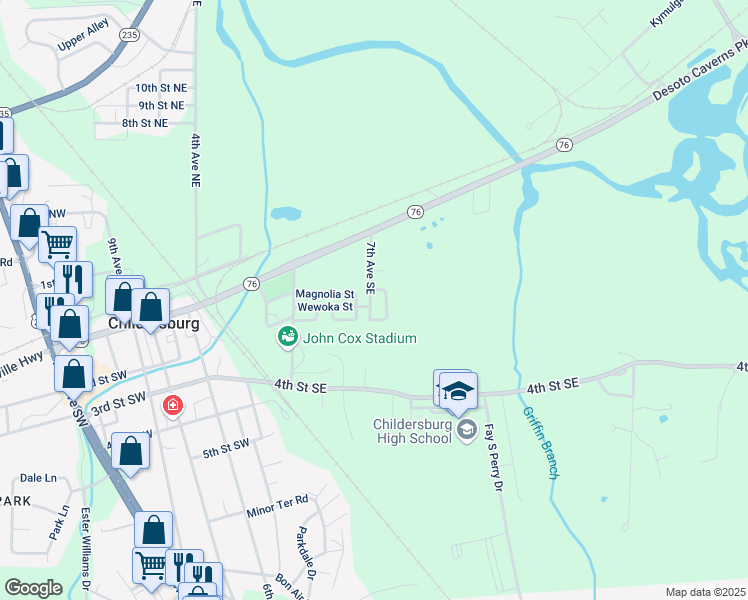 map of restaurants, bars, coffee shops, grocery stores, and more near 126 Deluna Circle in Childersburg