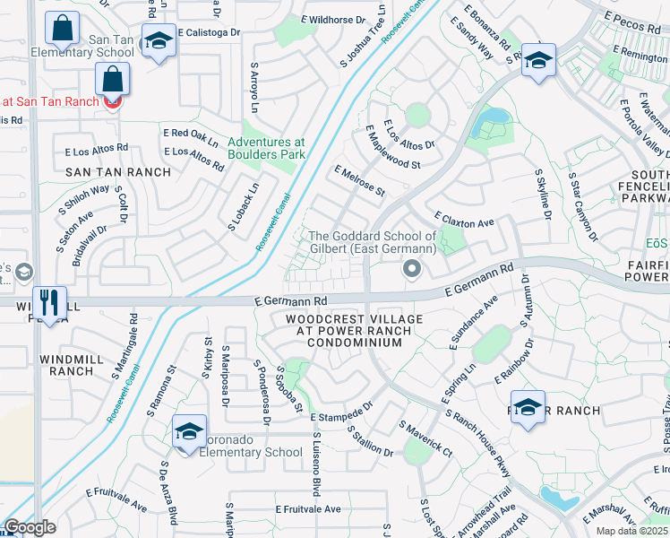 map of restaurants, bars, coffee shops, grocery stores, and more near 3860 East Santa Fe Lane in Gilbert