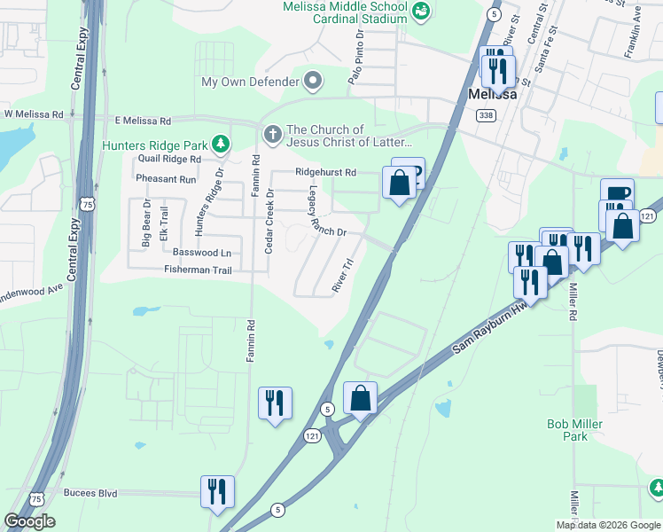 map of restaurants, bars, coffee shops, grocery stores, and more near 2204 Ranchwood Drive in Melissa
