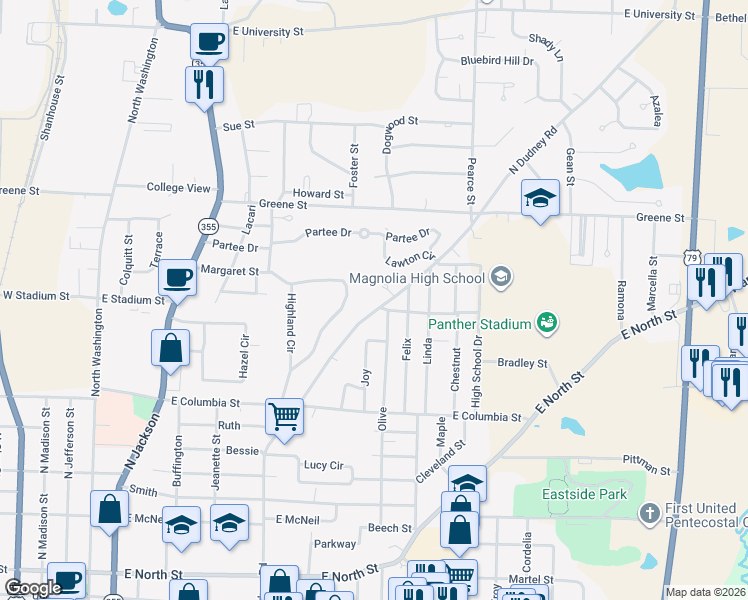 map of restaurants, bars, coffee shops, grocery stores, and more near 1403 North Dudney Road in Magnolia