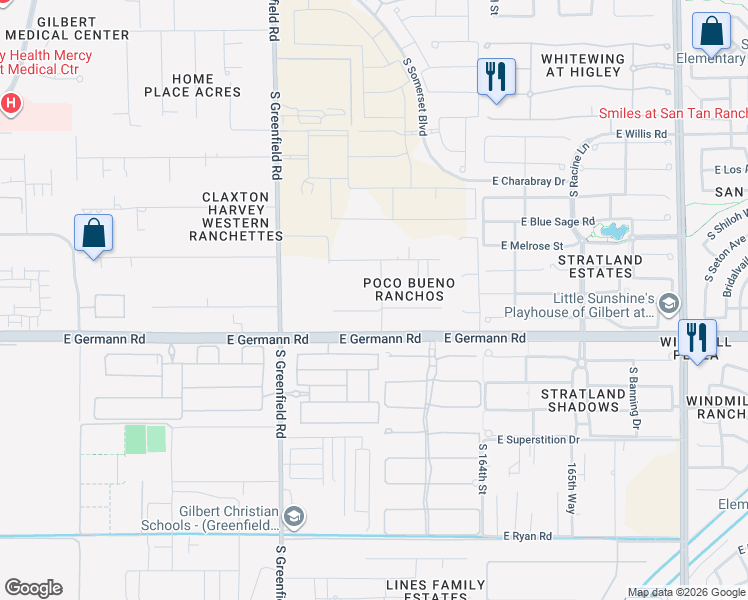 map of restaurants, bars, coffee shops, grocery stores, and more near 2608 East Claxton Avenue in Gilbert