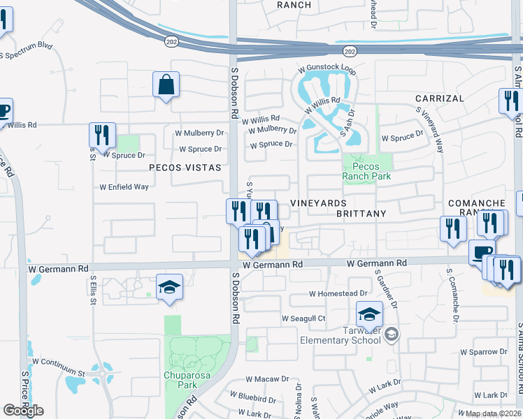 map of restaurants, bars, coffee shops, grocery stores, and more near 1933 West Thompson Way in Chandler