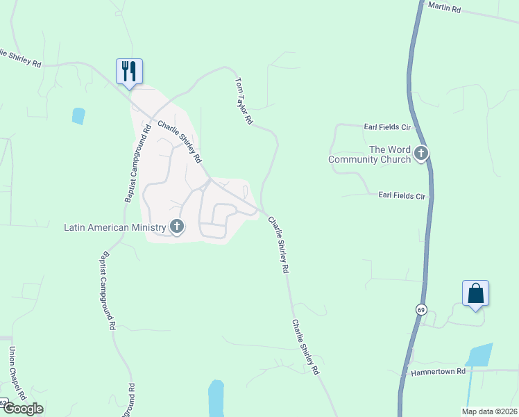map of restaurants, bars, coffee shops, grocery stores, and more near 8651 Charlie Shirley Road in Northport