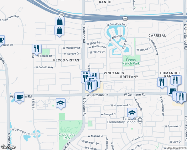 map of restaurants, bars, coffee shops, grocery stores, and more near 1933 West Thompson Way in Chandler