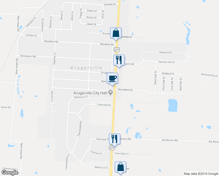 map of restaurants, bars, coffee shops, grocery stores, and more near 102 Perkins Road in Krugerville