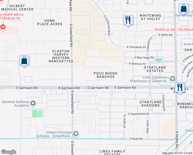 map of restaurants, bars, coffee shops, grocery stores, and more near 2608 East Claxton Avenue in Gilbert