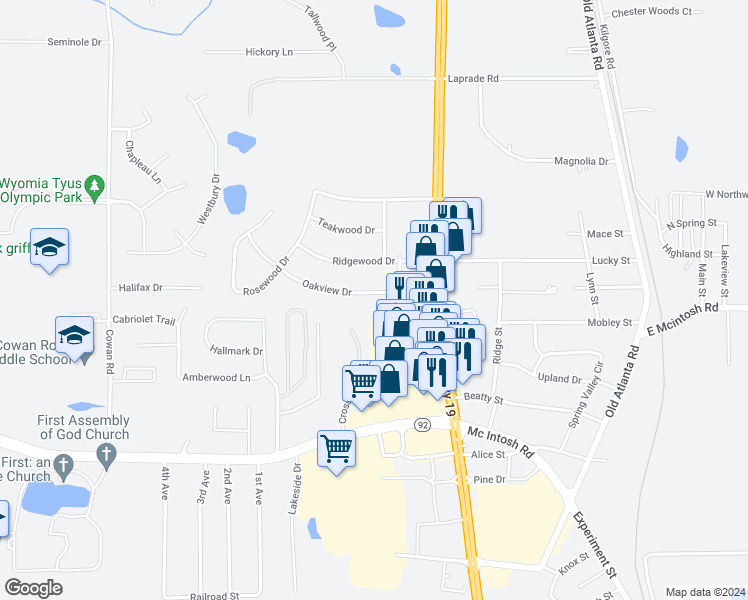 map of restaurants, bars, coffee shops, grocery stores, and more near 1524 Oakview Drive in Griffin