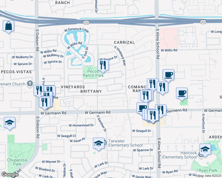 map of restaurants, bars, coffee shops, grocery stores, and more near 1394 W Musket Way in Chandler