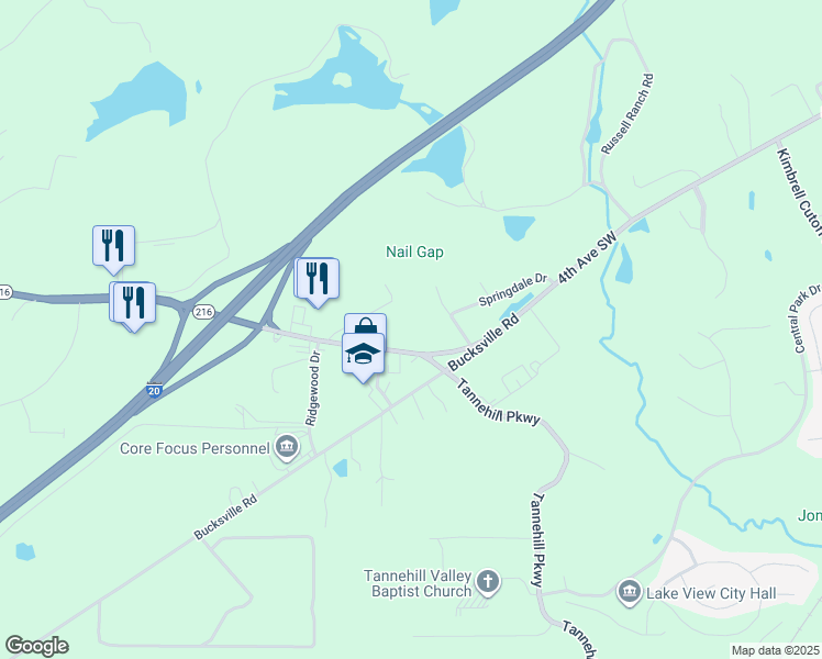 map of restaurants, bars, coffee shops, grocery stores, and more near 22600 Alabama 216 in McCalla