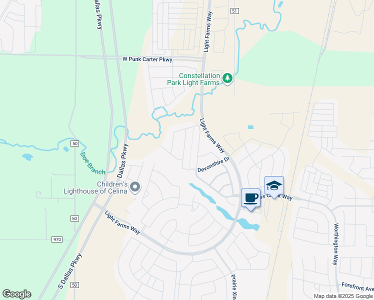 map of restaurants, bars, coffee shops, grocery stores, and more near 3378 Bellcrest Way in Prosper