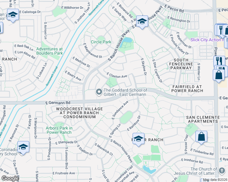 map of restaurants, bars, coffee shops, grocery stores, and more near 4140 East Santa Fe Lane in Gilbert