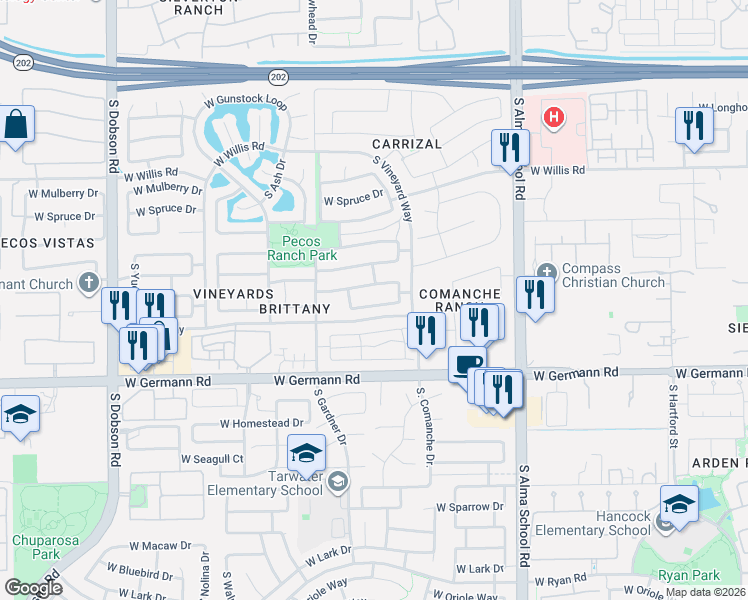 map of restaurants, bars, coffee shops, grocery stores, and more near 1394 West Musket Way in Chandler