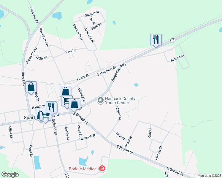 map of restaurants, bars, coffee shops, grocery stores, and more near 12700 Augusta Highway in Sparta