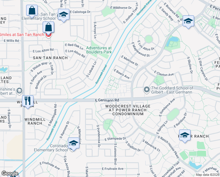map of restaurants, bars, coffee shops, grocery stores, and more near 3921 South Napa Lane in Gilbert