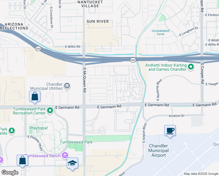 map of restaurants, bars, coffee shops, grocery stores, and more near 1220 East Weatherby Way in Chandler