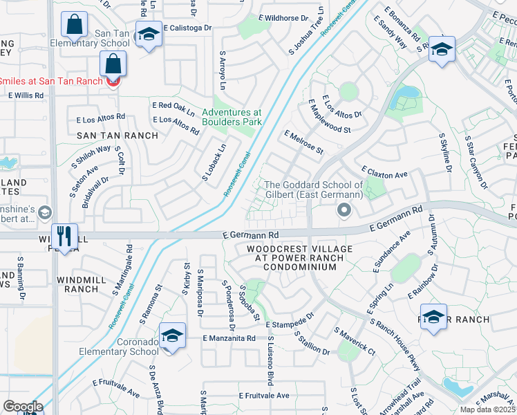 map of restaurants, bars, coffee shops, grocery stores, and more near 3921 South Napa Lane in Gilbert