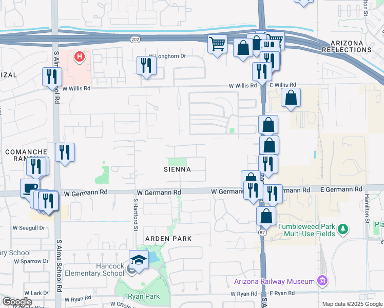 map of restaurants, bars, coffee shops, grocery stores, and more near 410 West Musket Place in Chandler