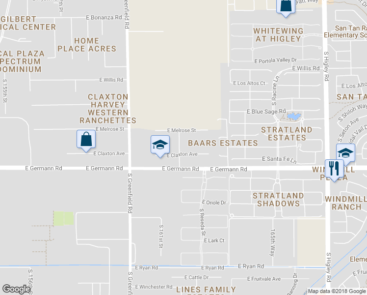 map of restaurants, bars, coffee shops, grocery stores, and more near 2608 East Claxton Avenue in Gilbert