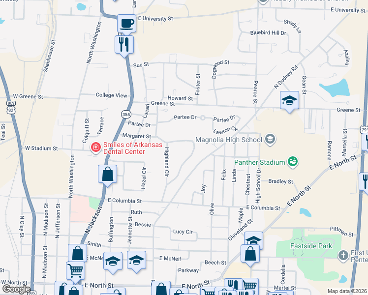 map of restaurants, bars, coffee shops, grocery stores, and more near 931 Highland Circle in Magnolia