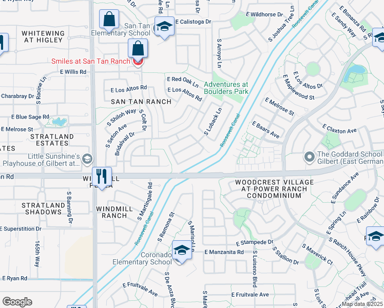 map of restaurants, bars, coffee shops, grocery stores, and more near 3582 East Santa Fe Lane in Gilbert
