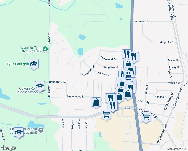 map of restaurants, bars, coffee shops, grocery stores, and more near 1546 Oakview Drive in Griffin