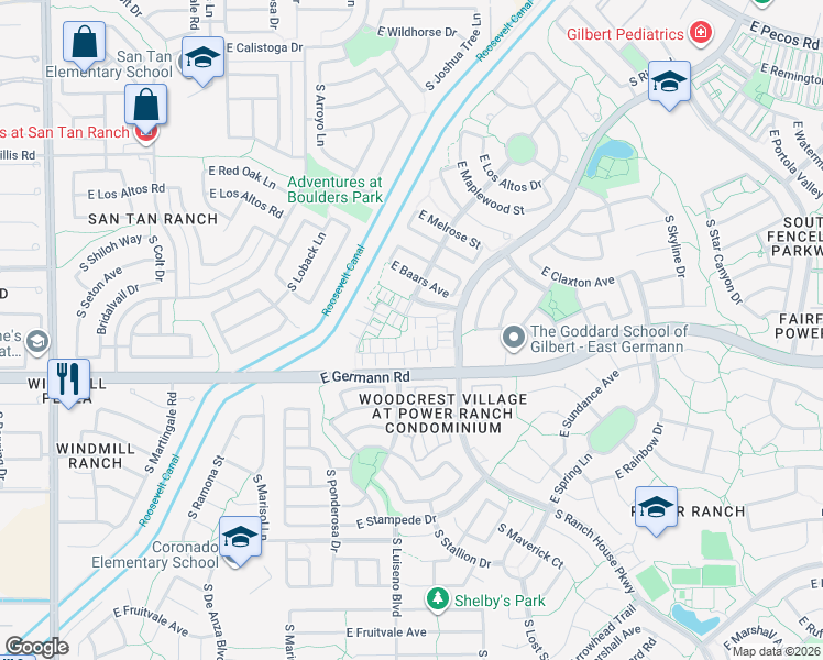 map of restaurants, bars, coffee shops, grocery stores, and more near 3860 East Santa Fe Lane in Gilbert