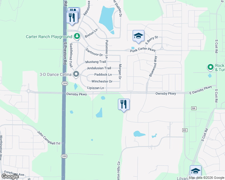 map of restaurants, bars, coffee shops, grocery stores, and more near 507 Lipizzan Lane in Celina