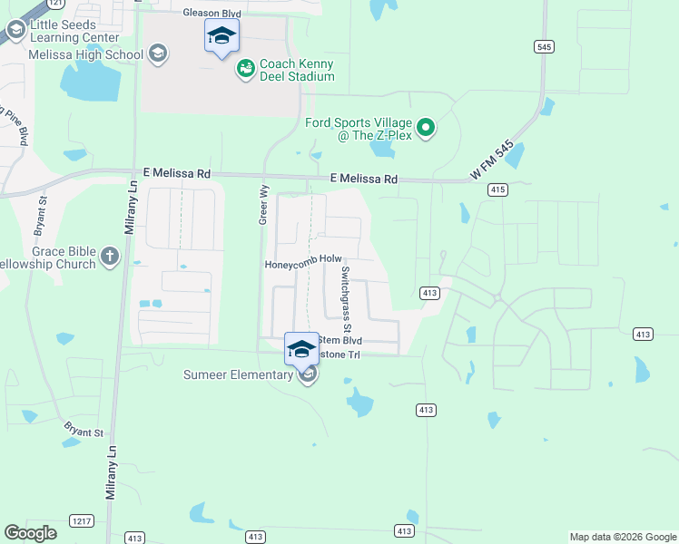 map of restaurants, bars, coffee shops, grocery stores, and more near 2301 Switchgrass Street in Melissa
