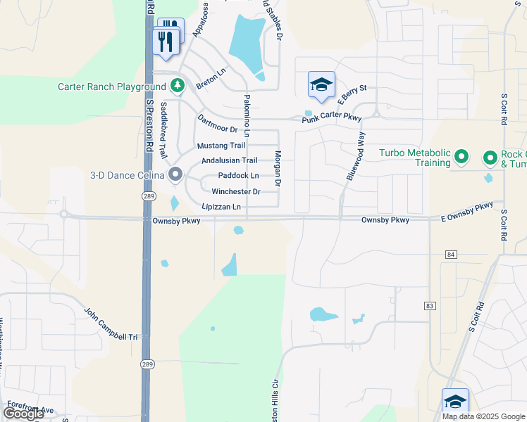 map of restaurants, bars, coffee shops, grocery stores, and more near 509 Lipizzan Lane in Celina