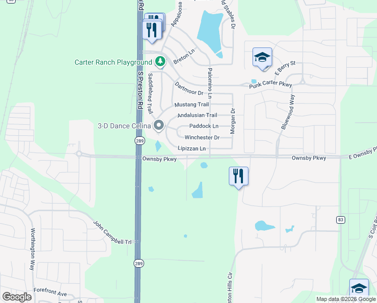map of restaurants, bars, coffee shops, grocery stores, and more near 435 Lipizzan Lane in Celina