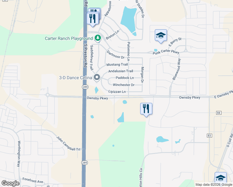map of restaurants, bars, coffee shops, grocery stores, and more near 439 Lipizzan Lane in Celina