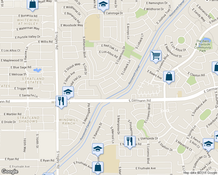 map of restaurants, bars, coffee shops, grocery stores, and more near 3582 East Santa Fe Lane in Gilbert