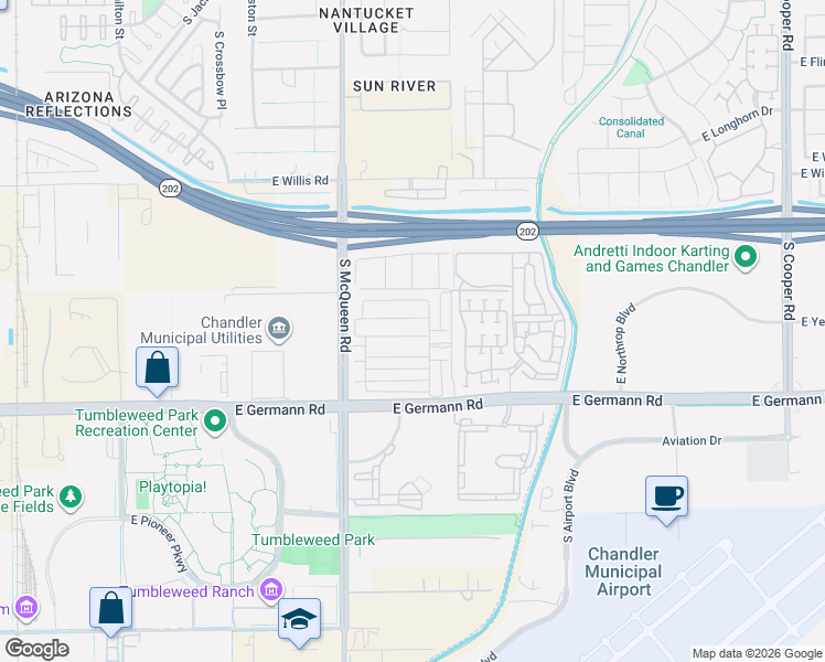 map of restaurants, bars, coffee shops, grocery stores, and more near 1146 East Weatherby Way in Chandler