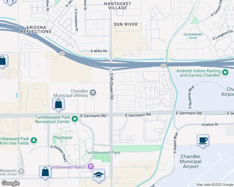 map of restaurants, bars, coffee shops, grocery stores, and more near 1597 South McQueen Road in Chandler