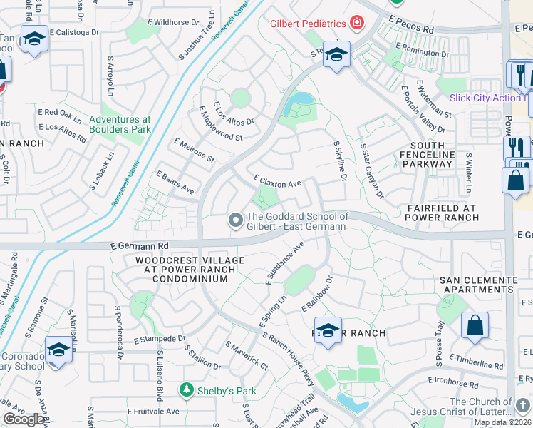 map of restaurants, bars, coffee shops, grocery stores, and more near 4117 East Trigger Way in Gilbert
