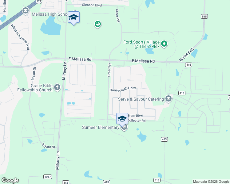 map of restaurants, bars, coffee shops, grocery stores, and more near 2303 Primrose Trail in Melissa