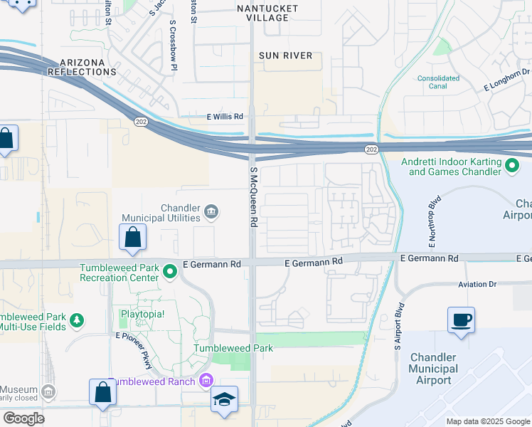 map of restaurants, bars, coffee shops, grocery stores, and more near 1597 South McQueen Road in Chandler
