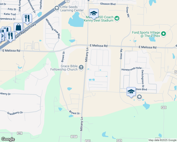 map of restaurants, bars, coffee shops, grocery stores, and more near 2326 Milrany Lane in Melissa