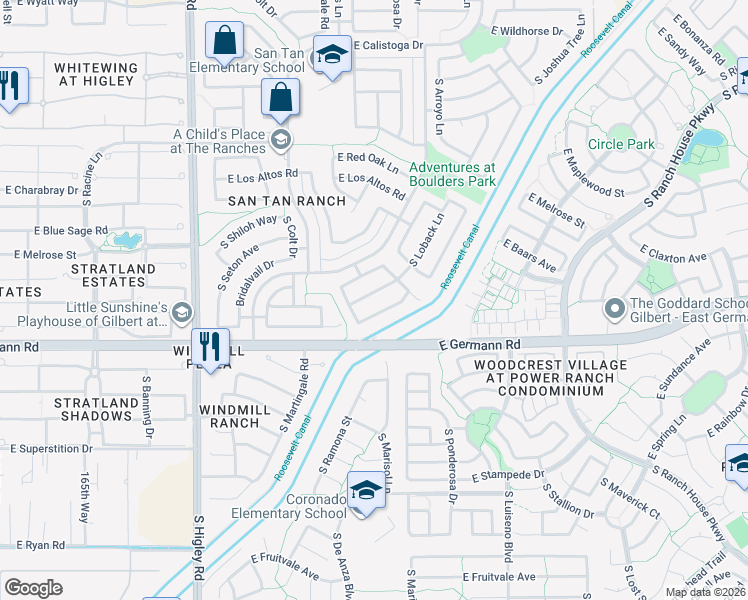 map of restaurants, bars, coffee shops, grocery stores, and more near 3582 East Santa Fe Lane in Gilbert