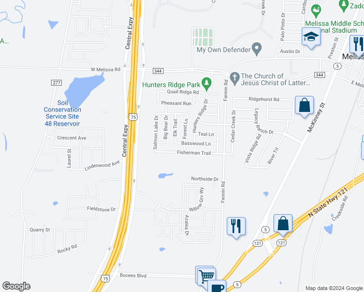 map of restaurants, bars, coffee shops, grocery stores, and more near 365 Basswood Lane in Melissa