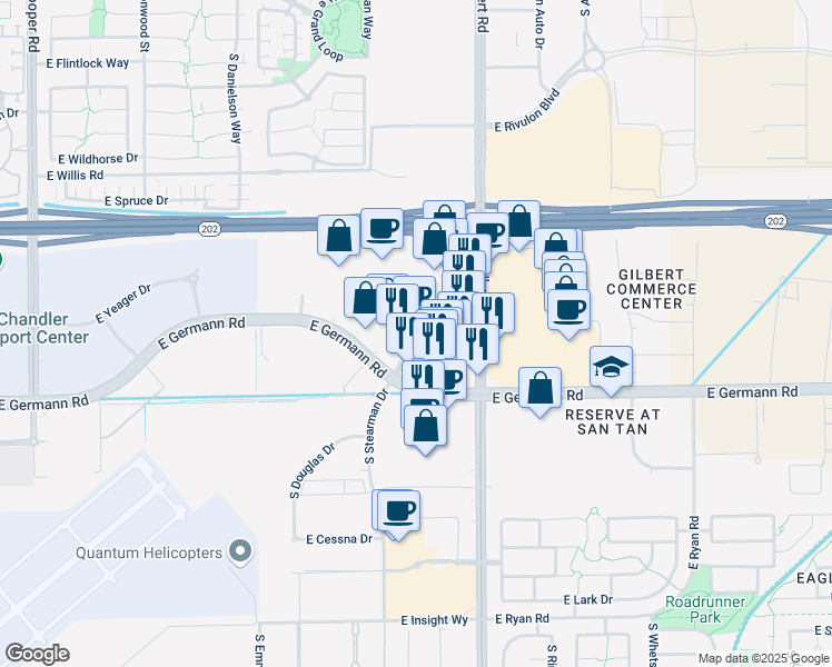 map of restaurants, bars, coffee shops, grocery stores, and more near 2820 E Germann Rd in Chandler