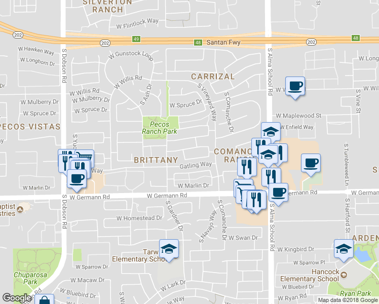 map of restaurants, bars, coffee shops, grocery stores, and more near 1393 West Thompson Way in Chandler