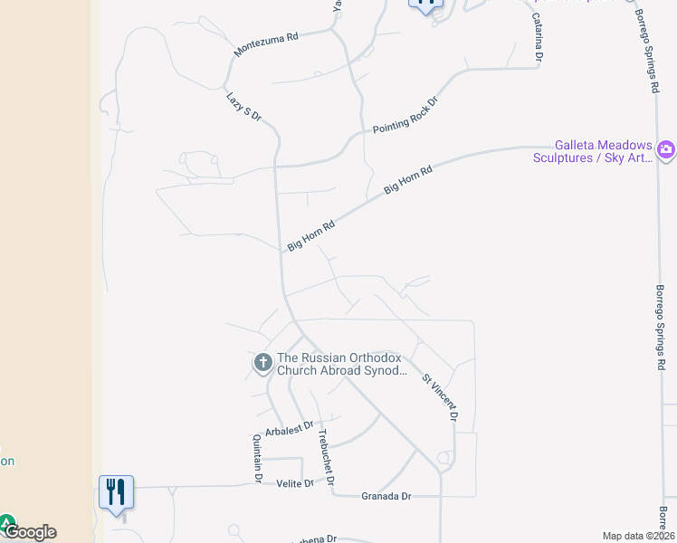map of restaurants, bars, coffee shops, grocery stores, and more near 406 Santa Fe Trail in Borrego Springs