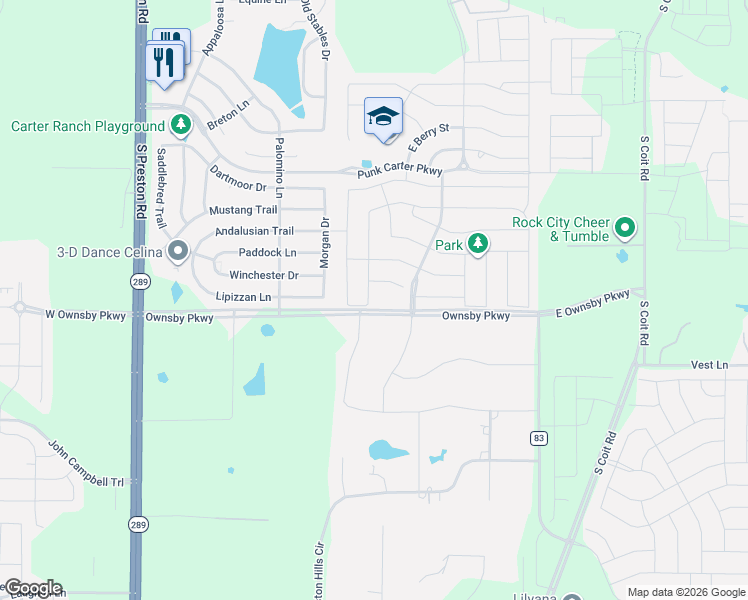 map of restaurants, bars, coffee shops, grocery stores, and more near 3320 Hickory Lane in Celina