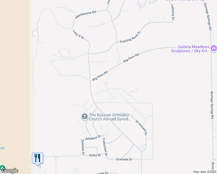 map of restaurants, bars, coffee shops, grocery stores, and more near 406 Santa Fe Trail in Borrego Springs